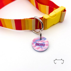 Personalisierte runde Hundemarke aus Acryl mit pastelligem Wolken-Design in Rosa und Hellblau, befestigt an einem rot-gelb gestreiften Hundehalsband.