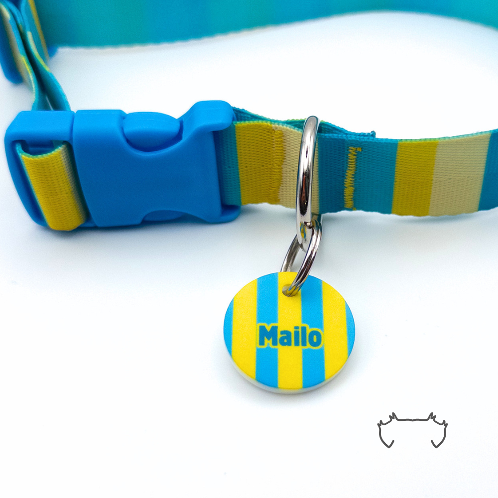 Runde personalisierte Hundemarke aus Acryl mit gelb-blauem Streifenmuster und Name „Mailo“, befestigt an einem türkis-gelb-beige gestreiften Hundehalsband mit blauem Kunststoffverschluss.