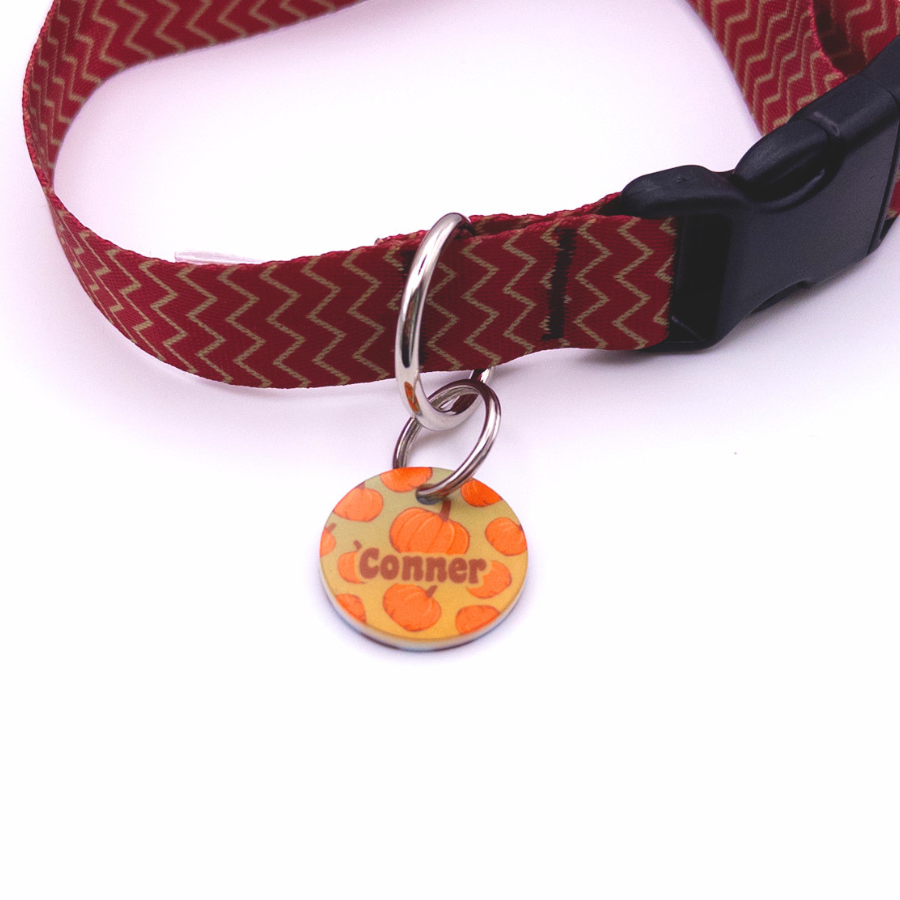 Runde personalisierte Acryl-Hundemarke mit orangefarbenem Halloween- und Kürbis-Muster, befestigt an einem bordeauxroten Hundehalsband mit Chevron-Muster und schwarzem Verschluss.