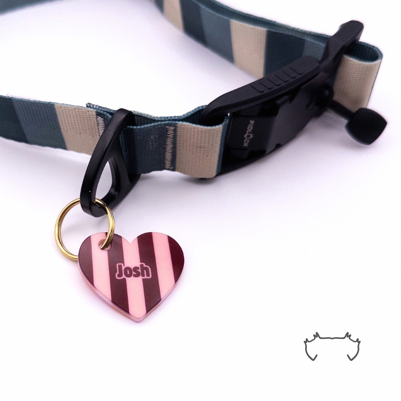 Leichte formgeschnittene Acryl-Hundemarke in Herzform mit rot-rosa Streifenmuster, befestigt an einem dunkelgrün-beige gestreiften Hundehalsband mit schwarzem Verschluss.