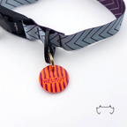 Hundemarke mit neonorangem und lila Streifenmuster an einem silber, lilanem Hundehalsband mit FIDLOCK Verschluss.