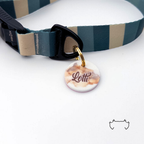 Runde personalisierte Hundemarke aus Acryl im eleganten Luxury-Design mit hellem Muster und Schriftzug, befestigt an einem dunkelgrün-beige gestreiften Hundehalsband mit schwarzem Verschluss.
