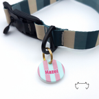 Personalisierte runde Hundemarke aus Acryl mit rosa, mintgrünen und weißen Streifen und Name „Hazel“, befestigt an einem dunkelgrün-beige gestreiften Hundehalsband mit schwarzem Verschluss.