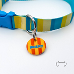 Personalisierte runde Acryl-Hundemarke mit neonfarbenem Streifenmuster in Orange, Gelb und Blau, befestigt an einem türkis-gelb gestreiften Hundehalsband mit blauem Verschluss.