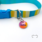 Personalisierte runde Acryl-Hundemarke mit orangefarbenem Pastell-Tupfer-Design, befestigt an einem türkis-gelb gestreiften Hundehalsband mit blauem Verschluss.