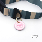 Personalisierte runde Acryl-Hundemarke mit pinkem Hypnose-Muster und Name, befestigt an einem dunkelgrün-beige gestreiften Hundehalsband mit schwarzem Verschluss.
