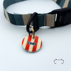 Personalisierte runde Hundemarke aus Acryl mit rot-cremefarbenen Streifen und Name „Cody“, befestigt an einem dunkelgrün-beige gestreiften Hundehalsband mit schwarzem FIDLOCK Magnet Verschluss.