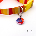 Runde personalisierte Acryl-Hundemarke mit buntem Splash-Design in Rot, Blau und Pink, befestigt an einem rot-gelb gestreiften Hundehalsband mit gelbem Verschluss.