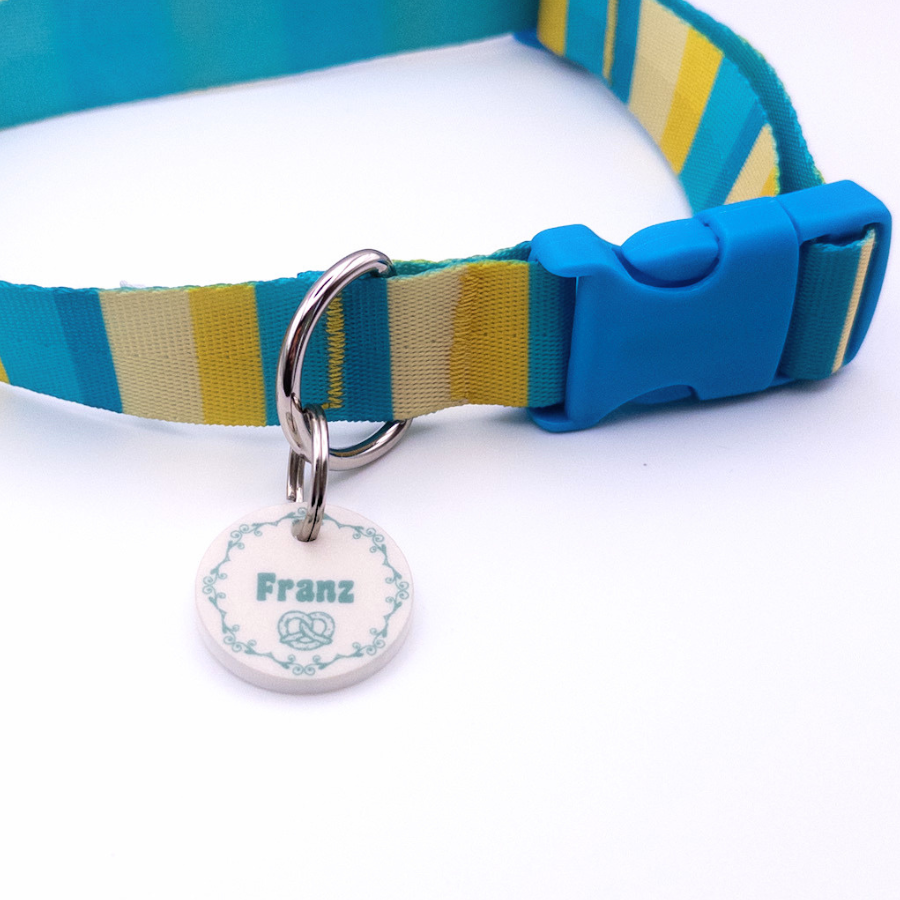 Personalisierte runde Acryl-Hundemarke im hellgrünen Wiesn-Design mit Name, befestigt an einem türkis-gelb-beige gestreiften Hundehalsband mit blauem Verschluss.