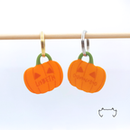 Zwei formgeschnittene Acryl-Hundemarken in Kürbisform an einer hellen Holzstange, mit orangefarbenem Halloween-Design, Name und Telefonnummer. Bunte leichte Hundemarke für Hunde mit herbstlichem Kürbis-Motiv.