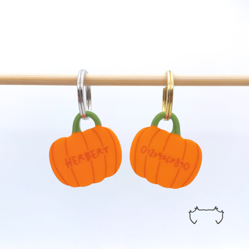 Zwei formgeschnittene, leichte Acryl-Hundemarken in Kürbisform an einer hellen Holzstange, mit orangefarbenem Design, Name und Telefonnummer. Bunte personalisierte Hundemarke für Hunde im herbstlichen Kürbis-Look.