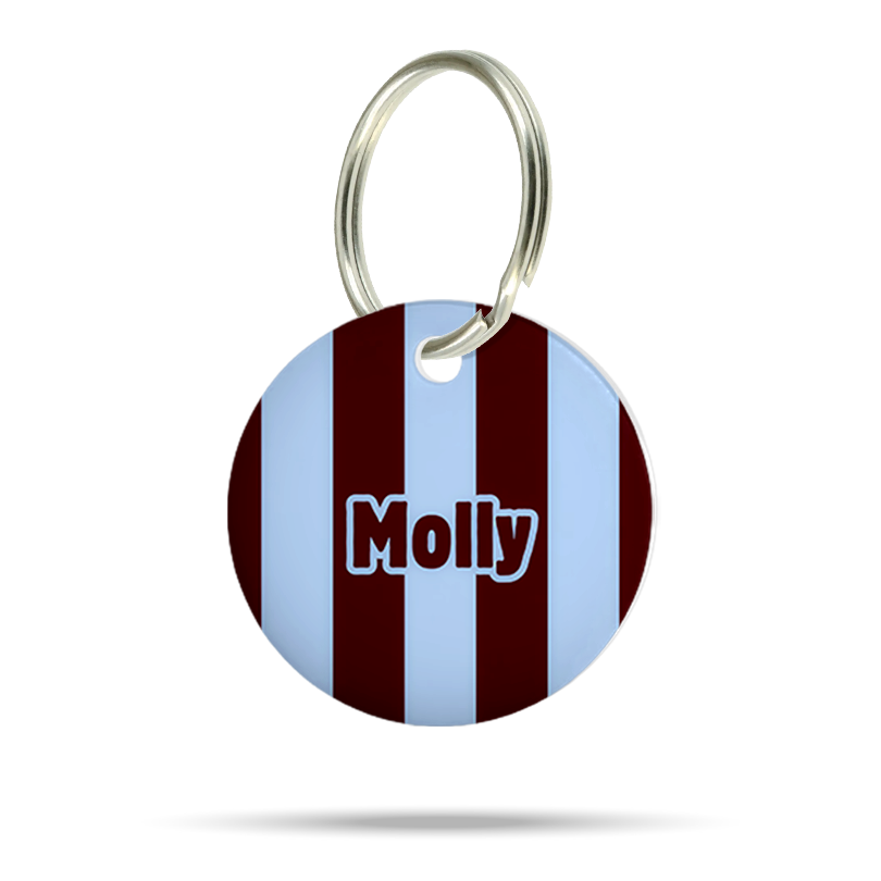 Personalisierte runde Hundemarke aus Acryl mit hellblauen, dunkelblauen und bordeauxfarbenen Streifen, Name „Molly“ und silbernem Schlüsselring.