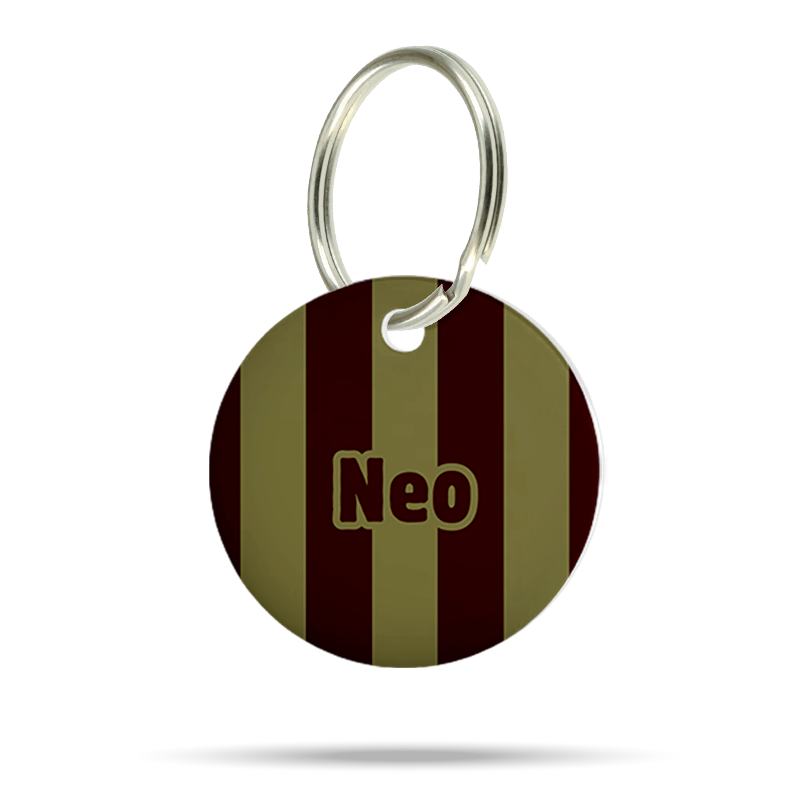 Runde personalisierte Hundemarke aus Acryl mit breiten Streifen in Olivgrün und Bordeaux, Name Neo und silberfarbenem Ring.