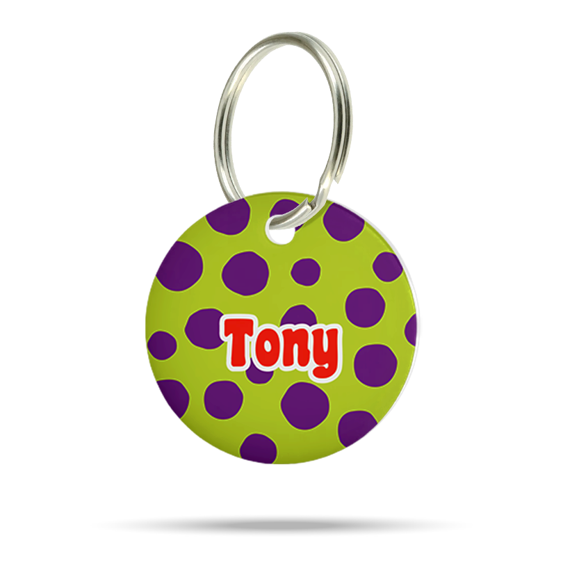 Personalisierte runde Hundemarke aus Acryl mit grünem Hintergrund, lila Punkten, rotem Namen „Tony“ und silbernem Schlüsselring auf weißem Hintergrund.
