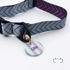 Runde personalisierte Hundemarke aus Acryl mit grün-lila Streifen und Name „Lilo“, befestigt an einem grauen Hundehalsband mit dunklem Chevron-Muster und schwarzem Verschluss.