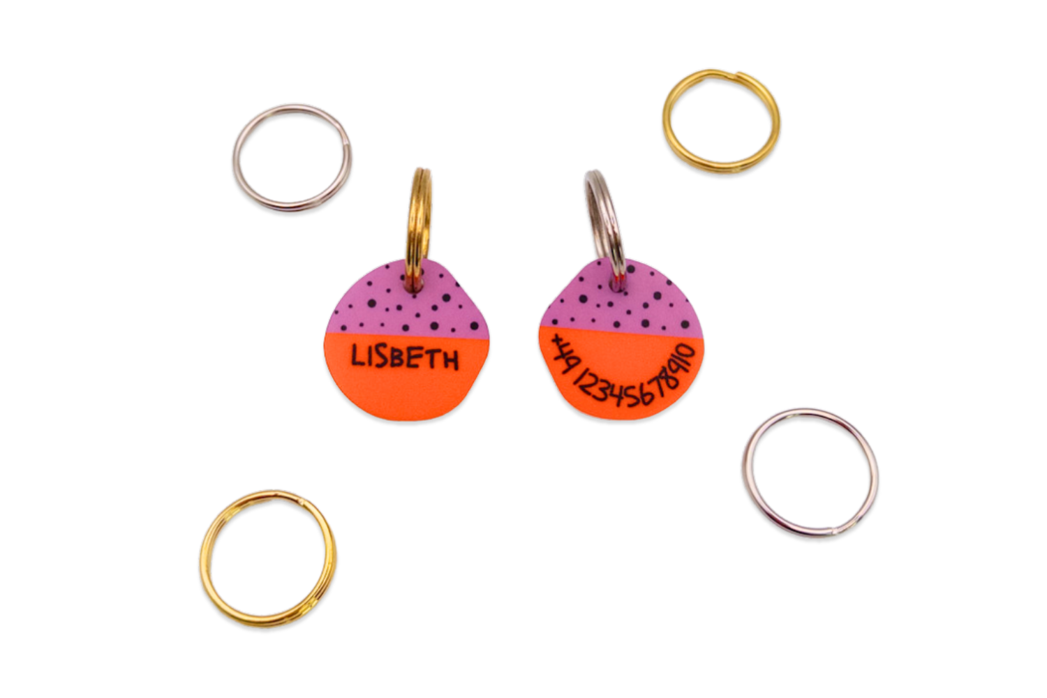 Zwei runde personalisierte Acryl-Hundemarken im pink-orangenen Drachenfrucht-Design mit Name und Telefonnummer, daneben liegen Befestigungsringe in Gold und Silber zur Auswahl.