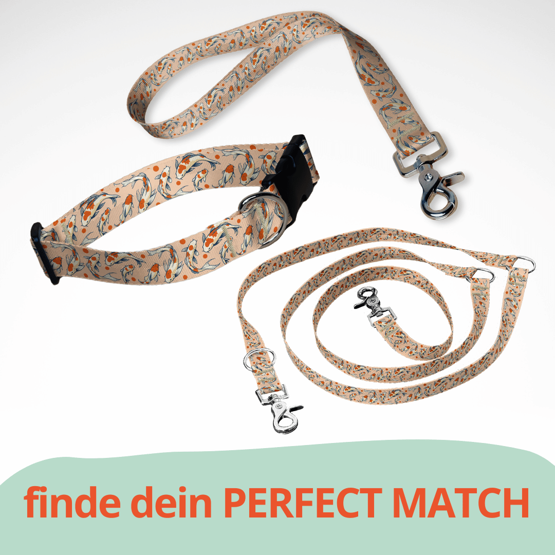 Set aus dreifach verstellbarer Hundeleine und Hundehalsband mit kostenloser Personalisierung mit Scherenkarabiner, Koi Fische Japan