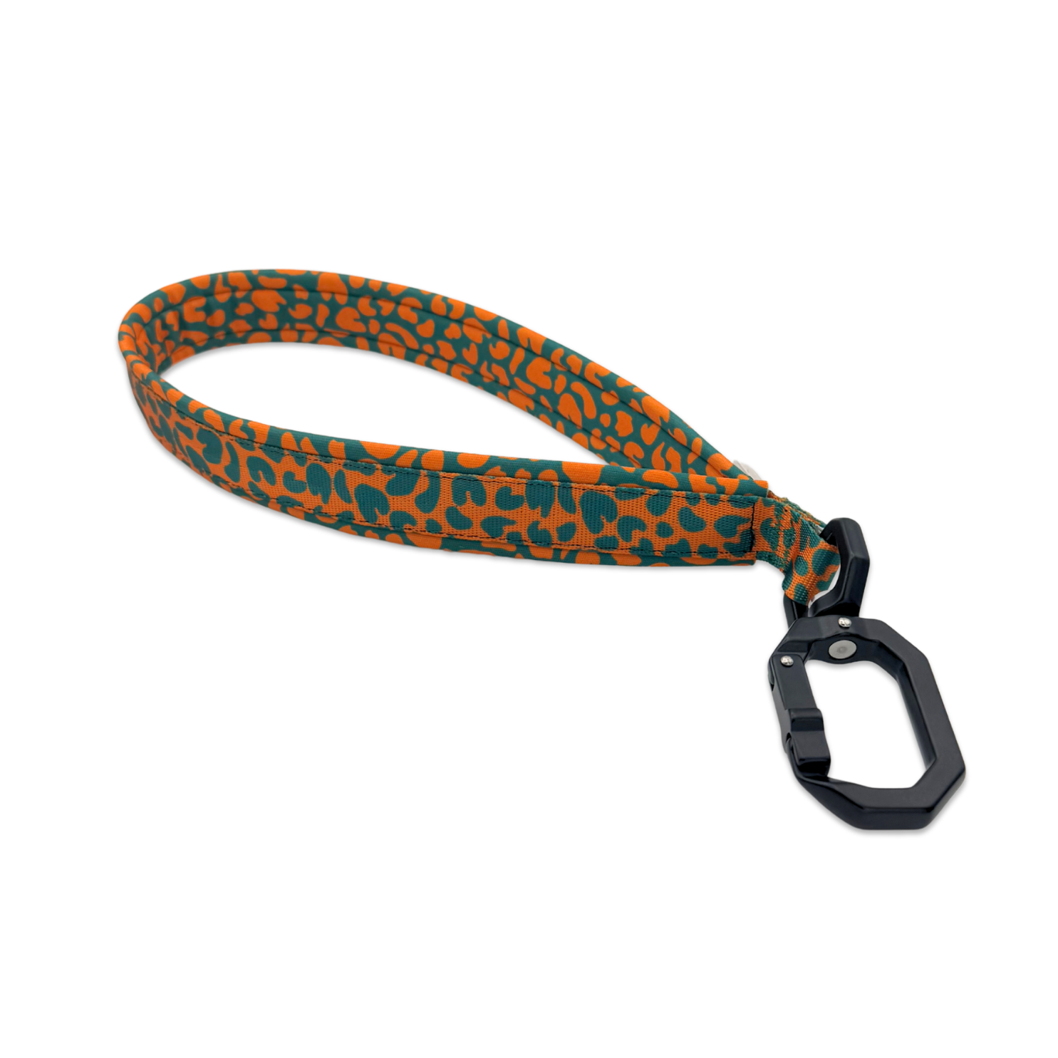 Kurze Hundeleine mit gepolsterter Handschlaufe aus Neopren in grün orangenen Leoparden Design
