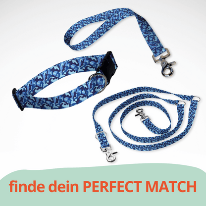 Set aus dreifach verstellbarer Hundeleine und Hundehalsband mit kostenloser Personalisierung mit Scherenkarabiner, blaues Camouflage