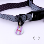 Runde, leichte Acryl-Hundemarke mit mintgrünen und lila Streifen, befestigt an einem grauen Hundehalsband mit Chevron-Muster.