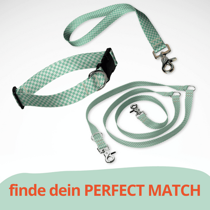 Set aus dreifach verstellbarer Hundeleine und Hundehalsband mit kostenloser Personalisierung mit Scherenkarabiner, Retro Schachbrett mint