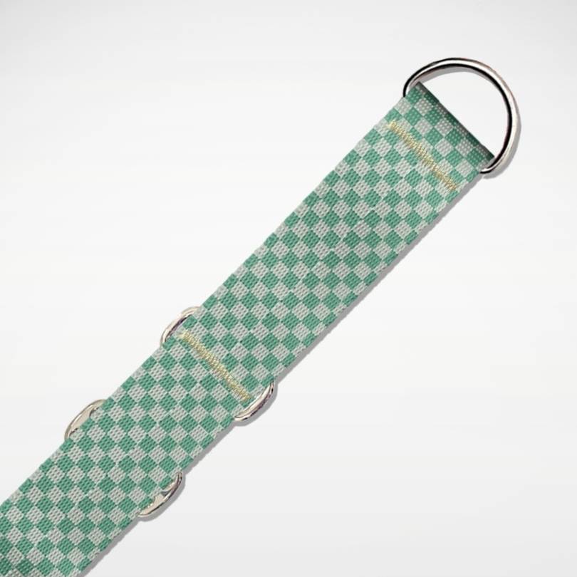 Nahaufnahme des Retro Check Zugstopp Halsband für gratis Personalisierung | Konfigurator mit Live-Ansicht von Name und Nummer personalisiert auf leichtem und weichen Hundehalsband | Martingale