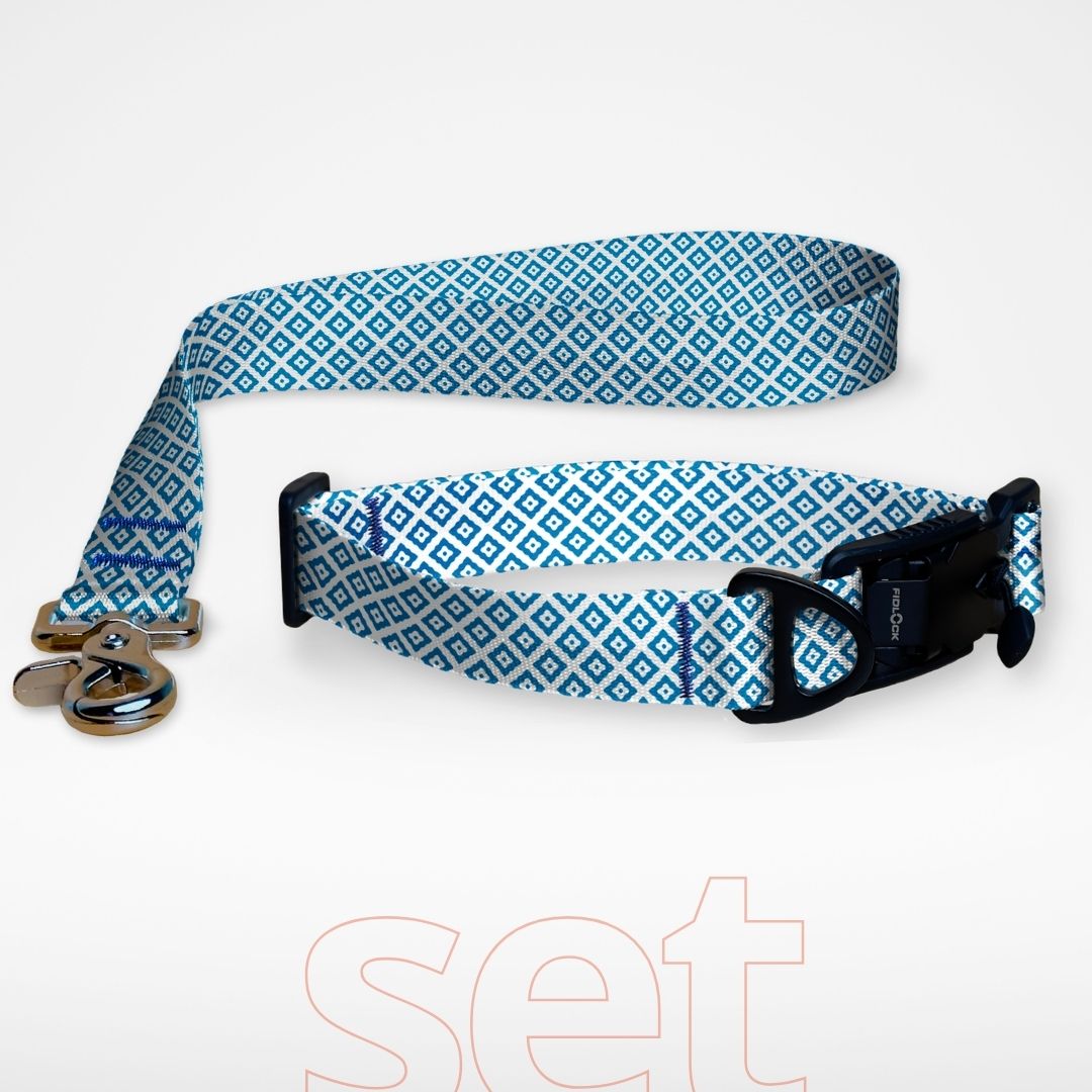 Set FIDLOCK Hundehalsband und kurze Hundeleine Kurzführer mit gratis Personalisierung Shippo weiß blau