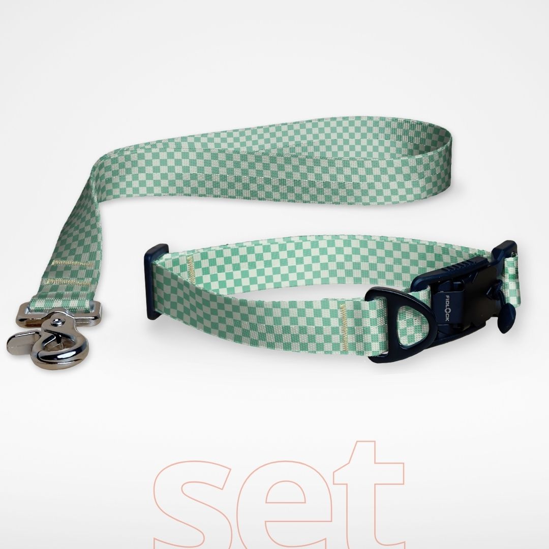 Set FIDLOCK Hundehalsband und kurze Hundeleine Kurzführer mit gratis Personalisierung kariert mint