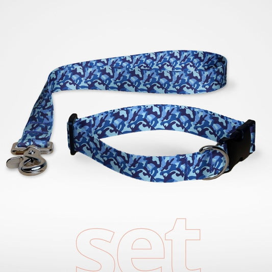 Set Hundehalsband mit Klickverschluss und kurze Hundeleine Kurzführer mit gratis Personalisierung Blau Camouflage