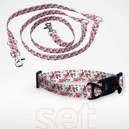 Set: Hundehalsband mit FIDLOCK Magnetverschluss und dreifach verstellbare Hundeleine - gratis personalisiert Name + Nummer - Kirschblüte