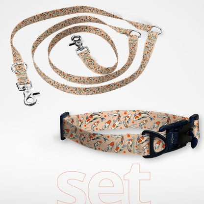 Set: Hundehalsband mit FIDLOCK Magnetverschluss und dreifach verstellbare Hundeleine - gratis personalisiert Name + Nummer - Koi Fisch