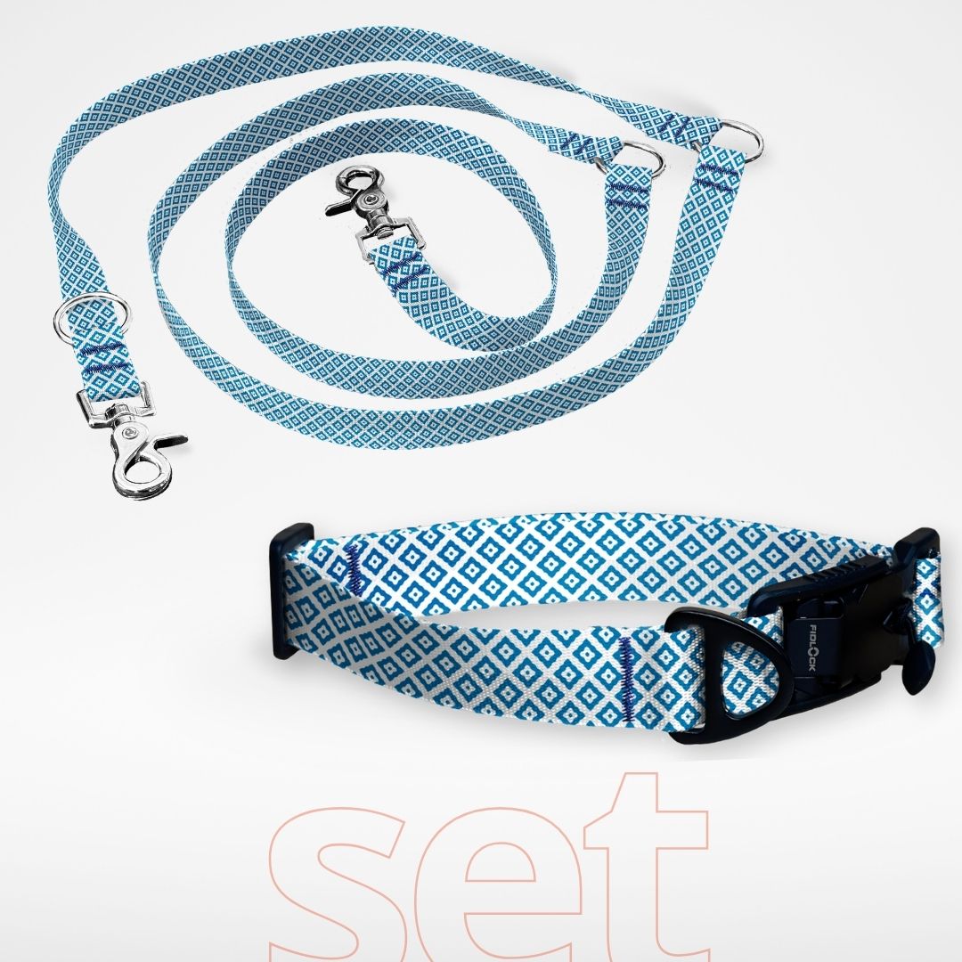 Set: Hundehalsband mit FIDLOCK Magnetverschluss und dreifach verstellbare Hundeleine - gratis personalisiert Name + Nummer - blau weiß Shippo Muster