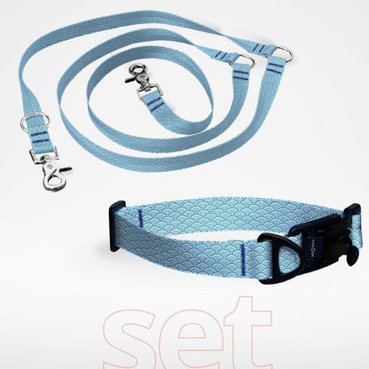 Set: Hundehalsband mit FIDLOCK Magnetverschluss und dreifach verstellbare Hundeleine - gratis personalisiert Name + Nummer - blaue Wellen