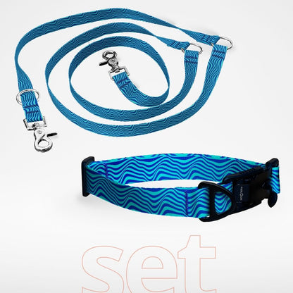 Set: Hundehalsband mit FIDLOCK Magnetverschluss und dreifach verstellbare Hundeleine - gratis personalisiert Name + Nummer - Marine türkis blau