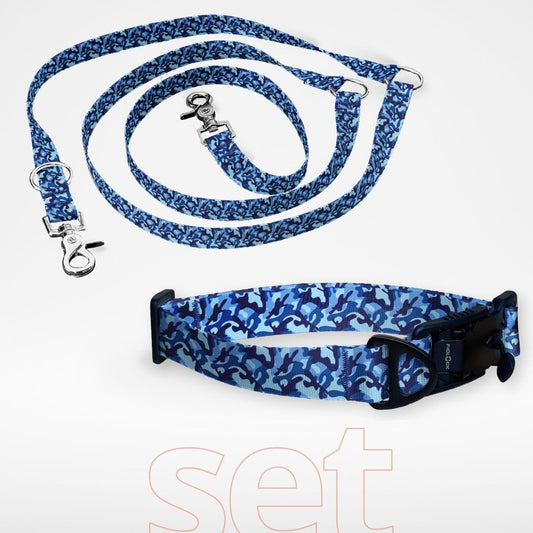 Set: Hundehalsband mit FIDLOCK Magnetverschluss und dreifach verstellbare Hundeleine - gratis personalisiert Name + Nummer - Navy Camo