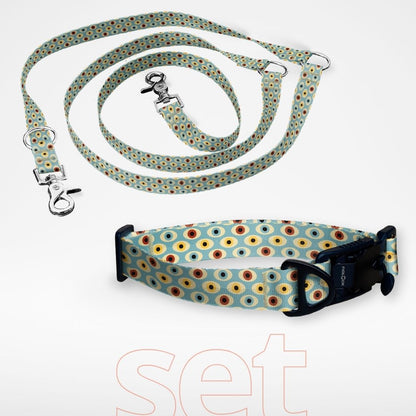 Set: Hundehalsband mit FIDLOCK Magnetverschluss und dreifach verstellbare Hundeleine - gratis personalisiert Name + Nummer - Oasis Eyes