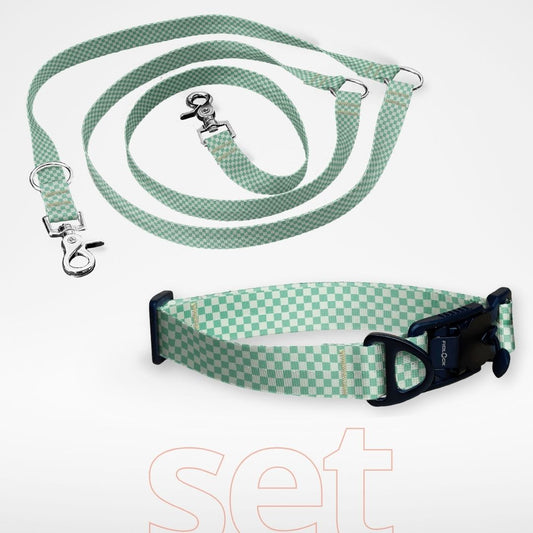 Set: Hundehalsband mit FIDLOCK Magnetverschluss und dreifach verstellbare Hundeleine - gratis personalisiert Name + Nummer - kariert Mint