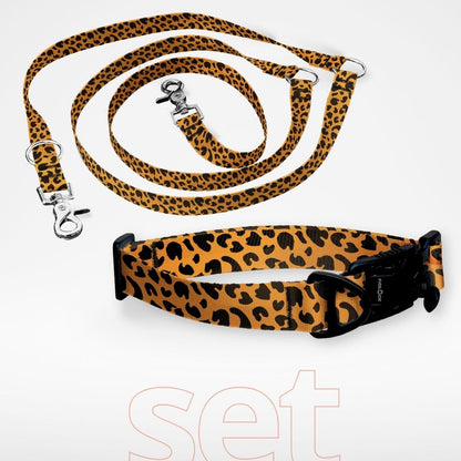 Set: Hundehalsband mit FIDLOCK Magnetverschluss und dreifach verstellbare Hundeleine - gratis personalisiert Name + Nummer - Leopard