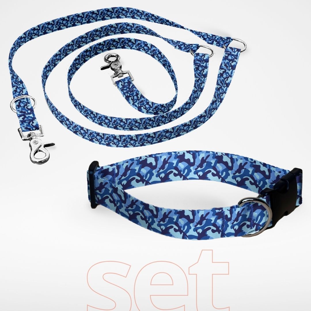 Hundehalsband mit Klickverschluss und dreifach verstellbare Hundeleine im Set mit gratis Personalisierung Navy Camo