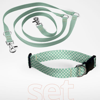 Set Hundehalsband mit Klickverschluss und dreifach verstellbare Hundeleine mit gratis Personalisierung Retro Mint