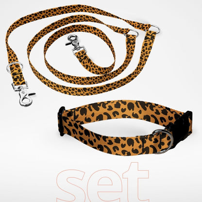 Set Hundehalsband mit Klickverschluss und dreifach verstellbare Hundeleine mit gratis Personalisierung Leopard